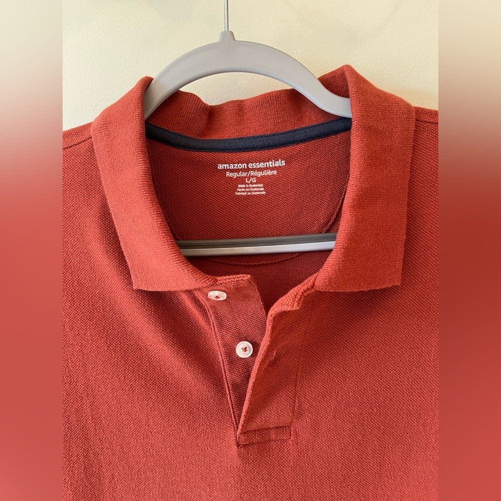 Men’s large polo style golf shirt in fall rust color by Amazon Essentials.
